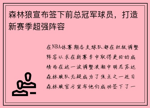 森林狼宣布签下前总冠军球员，打造新赛季超强阵容