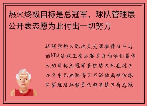 热火终极目标是总冠军，球队管理层公开表态愿为此付出一切努力